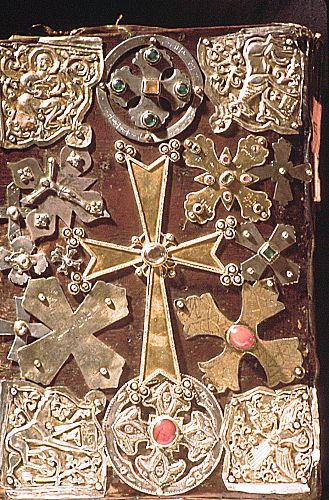 Upper Cover of Leather Binding with Silver Cross and Corner