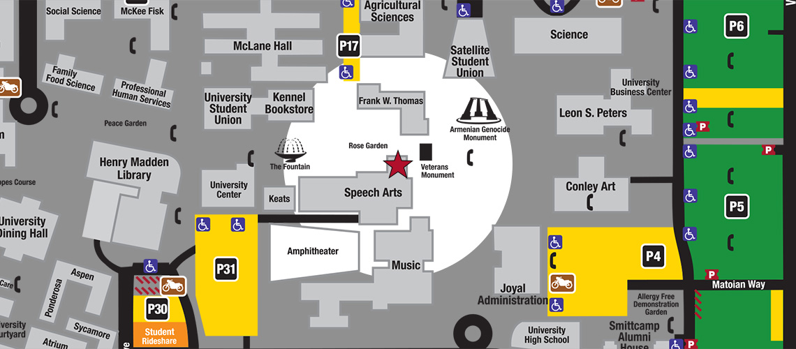 Campus map showing the Communication Department in the Speech Arts building