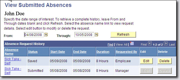 View Submitted Absences screenshot