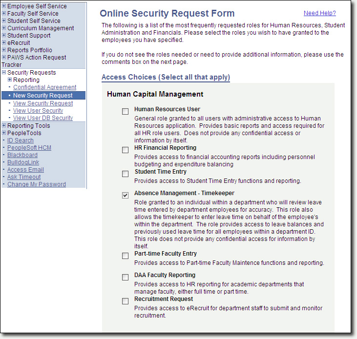 Security Request Select Access Page Screenshot