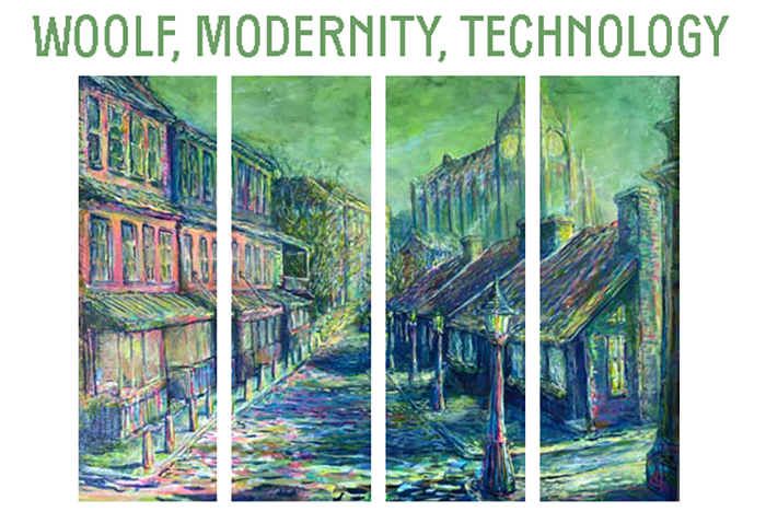 Screenshot of a modern oil painting of a street, with the words "Woolf, Modernity, Technology" above it