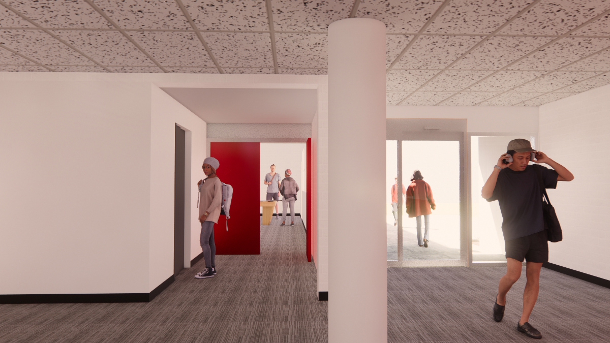 This is a provided render showing the lobby inside of Baker Hall with an elevator