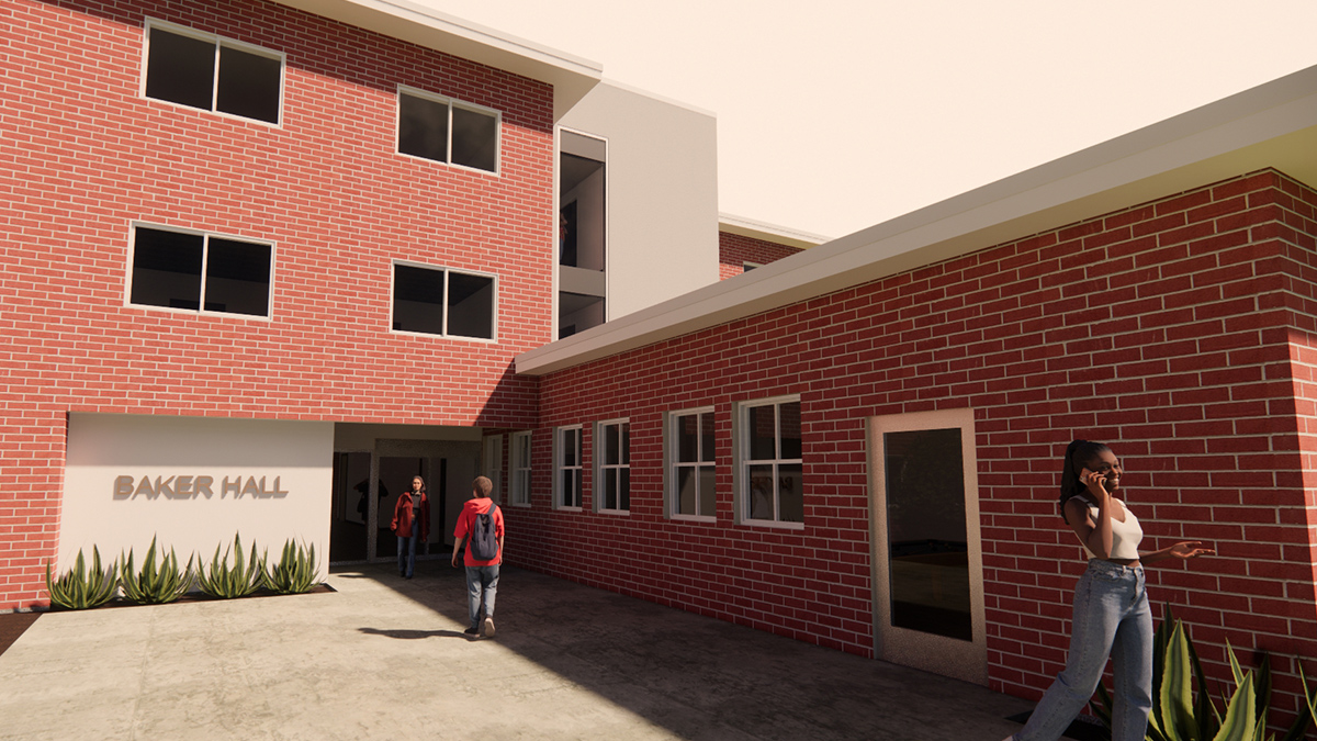 This is a provided render showing Baker Hall elevator from the main entrance exterior