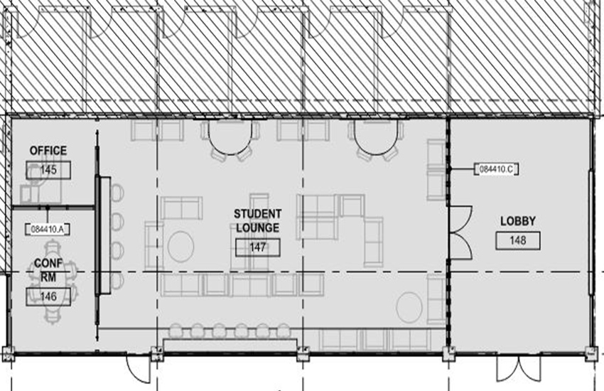 This shows an architectural drawing of the proposed floor plan of the Engineering East lobby.