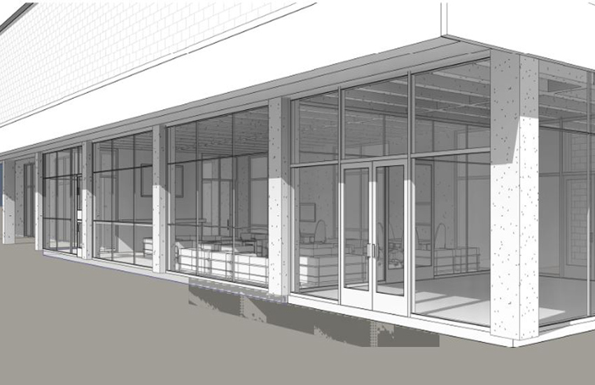 This a provided render of the Engineering East lobby at a eye leveled view.