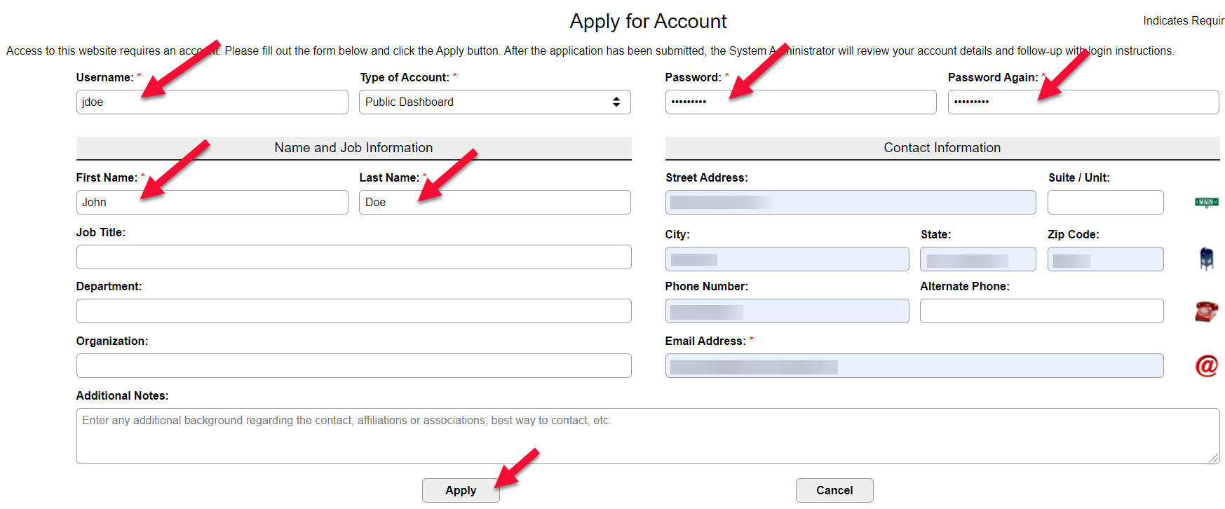 Image of Apply for Account screen to input user information