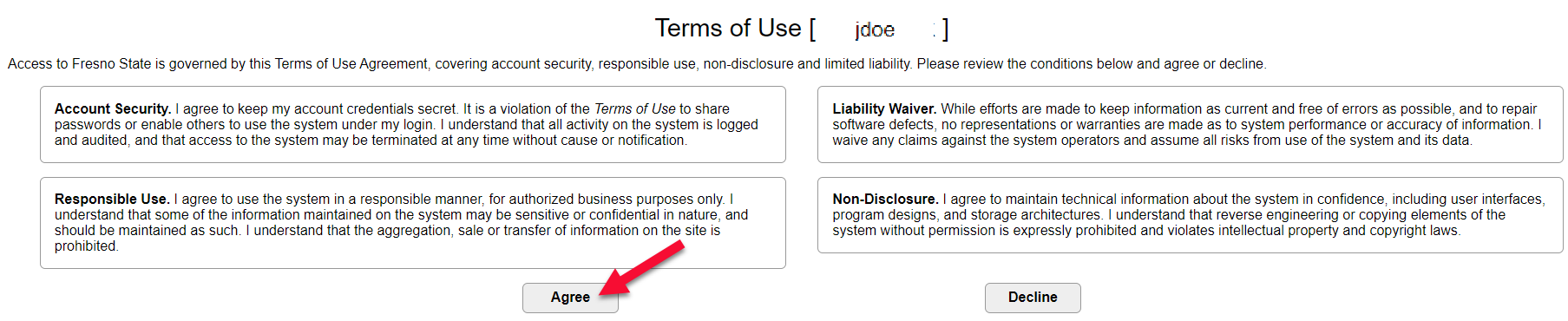 Image of Terms of Use Screen with Agree and Decline Option
