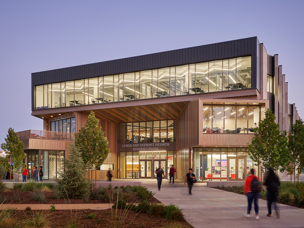 This image shows the front main entrance to the Lynda and Resnick Student Union