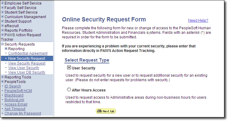 Security Request Page User Security Option Screenshot