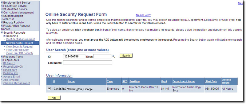 Security Request User Information Page Screenshot