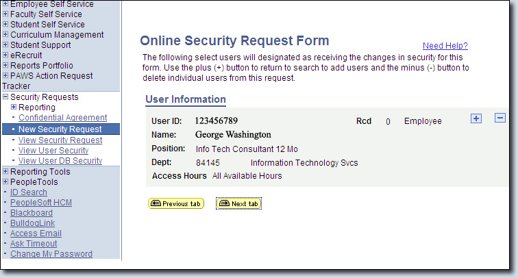 Security Request User Information Summary Page Screenshot