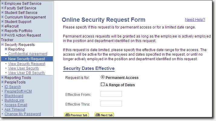 Security Request Security Dates Page Screenshot