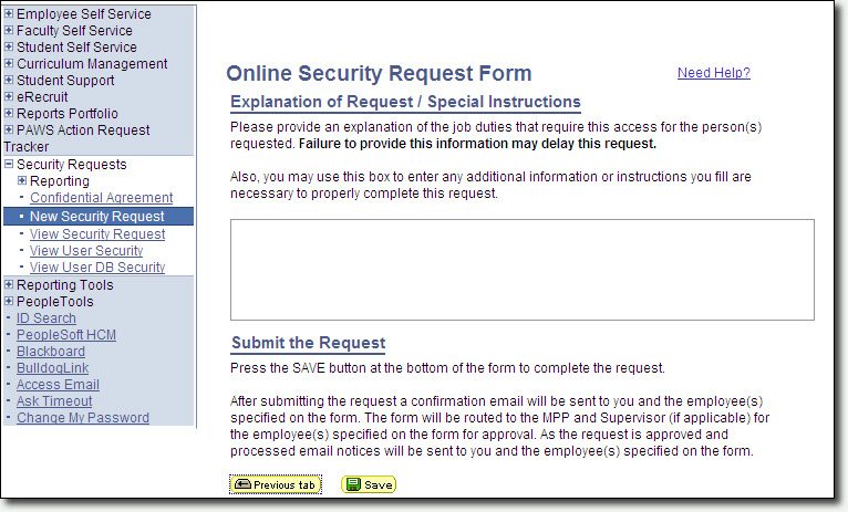 Security Request Explanation of Request Page Screenshot