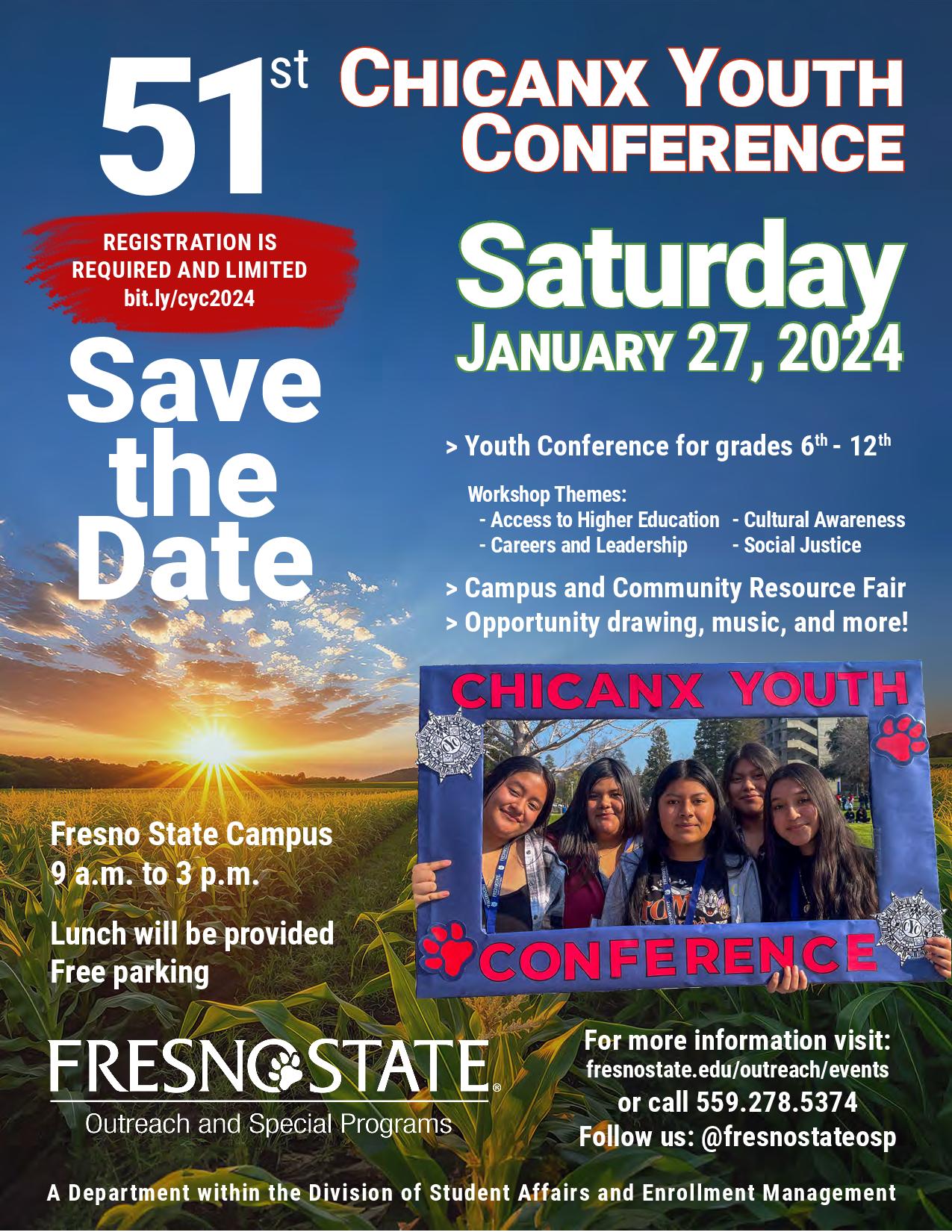 save the date flyer for chicanx youth conference on saturday, january, 27, 2024 in the satellite student union from 9 a.m. to 3 p.m.
