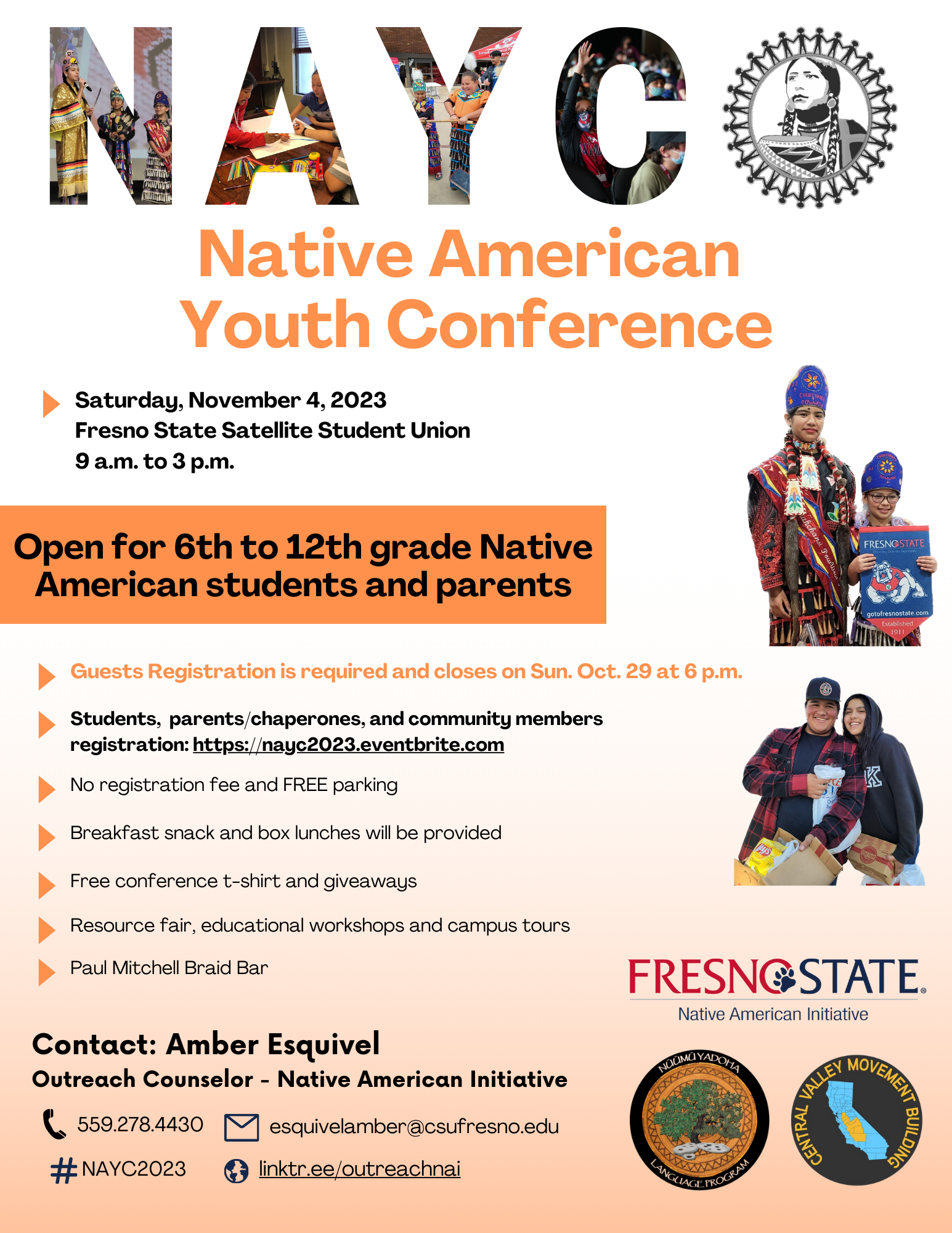 save the date flyer for the native american youth conference on saturday, november 4, 2023 in the satellite student union from 9 a.m. to 3 p.m.