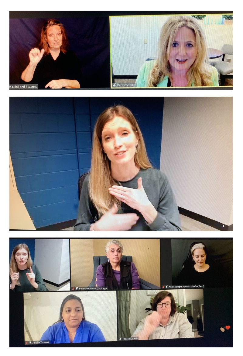 Top photo: Acting dean Kara Zografos, Middle: Presenter Lori Day, Bottom: Five panelists interact on Zoom screen 