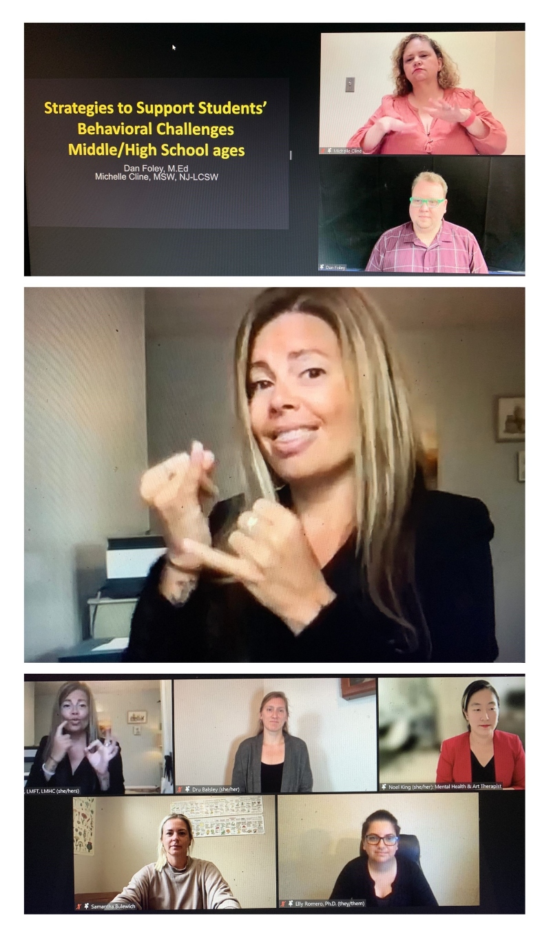 Top: Presenters Michelle Cline and Dan Foley; Middle: Presenter Kasey Pendexter, Bottom: Five panelists shown on Zoom screen 